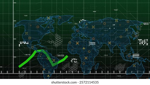 Green line graph image over world map with data points and grid. Data visualization, infographic, statistics, global, analytics, growth