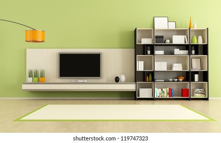 Green  Living Room With Tv Stand And Bookcase - Rendering