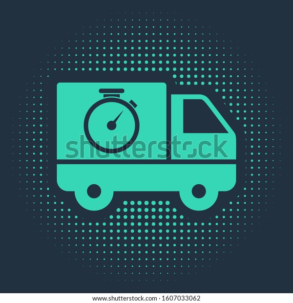 Green Logistics delivery truck and stopwatch icon\
isolated on blue background. Delivery time icon. Abstract circle\
random dots. 
