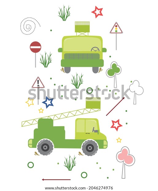 Green\
lorry with lifting gear, road signs, star,\
arrows.