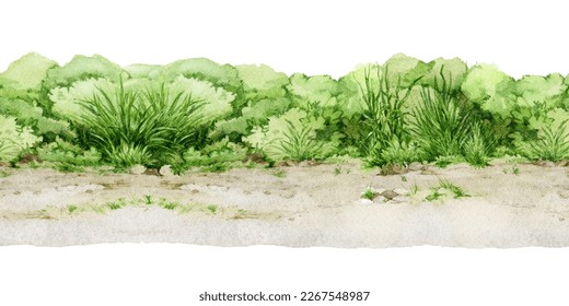 Green lush grass on the ground seamless border. Watercolor illustration. Fresh grass - meadow, field, garden landscape element. Fresh herbs, grass and natural plants background seamless border
