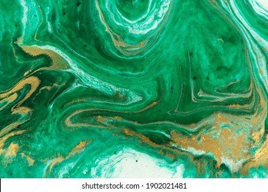 Green Marble Abstract Acrylic Background. Marbling Artwork Texture. Agate Ripple Pattern. Gold Powder.