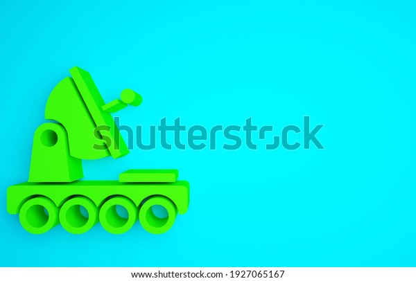 Green Mars rover icon\
isolated on blue background. Space rover. Moonwalker sign.\
Apparatus for studying planets surface. Minimalism concept. 3d\
illustration 3D\
render.