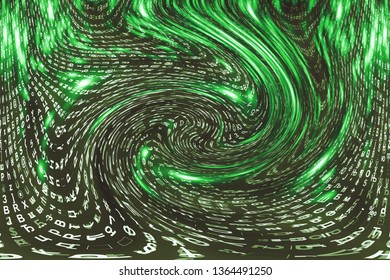 Green matrix digital background. Distorted cyberspace concept. Characters fall down in wormhole. Hacked matrix. Virtual reality design. Complex algorithm data hacking. Green digital sparks.