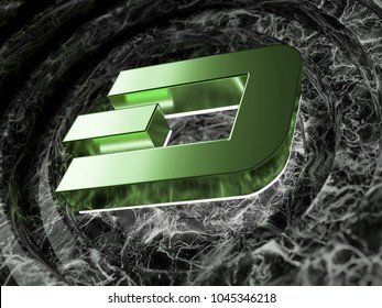 Green Metallic Dash Symbol in the Black Marble Background. 3D Illustration of Green Dash Logo for Finance Magazines.