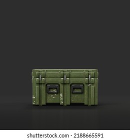 Green Military Plastic Crate. Ammunition And Military Assets Crate, 3d Rendering, Isolated