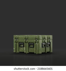 Green Military Plastic Crate. Ammunition And Military Assets Crate, 3d Rendering, Isolated