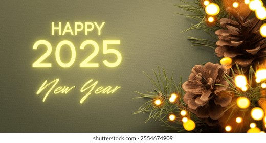 Green Modern and Minimalist Happy New Year 2025 Banner Landscape glowing text with lights ornaments flowers and leaves - Powered by Shutterstock