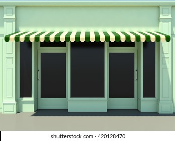 Green Modern Shopfront In The Sun - 3d Render Classic Store Front With Green Awnings