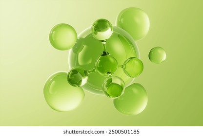 Green molecule and soft bubbles background, 3d rendering. 3D illustration.