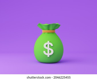 Green Money Bag On Violet Background. 3d Rendering Illustration.