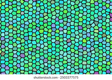 A green mosaic patterned background with a blue and green color scheme. The pattern is made up of small squares and triangles