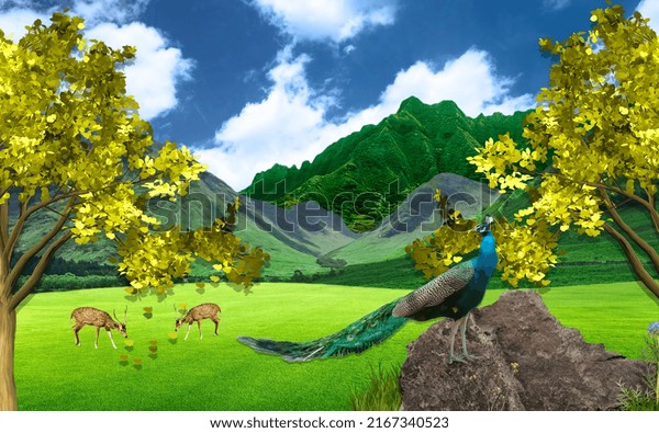 Green mountain and green tree deer with peacock design wallpaper. 3d nature wall painting. 