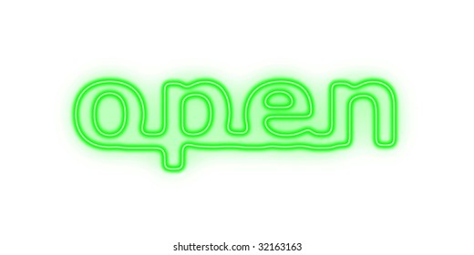 Green Neon Sign With The Word Open On White Background