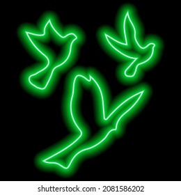 Green Neon Silhouettes Of Three Birds Flying In The Sky On Black. Freedom, Flight, Upward Movement. Illustration