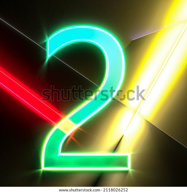 The Green number two neon. Glowing number
2. 3D illustration.