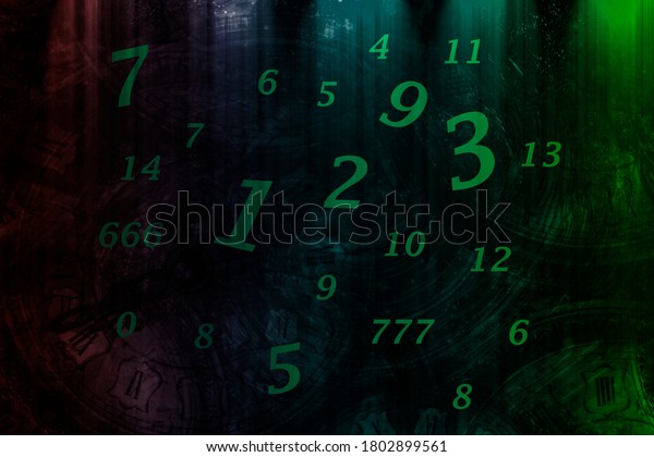 Green numbers on the background of hours and\
rainbow background,\
numerology\
