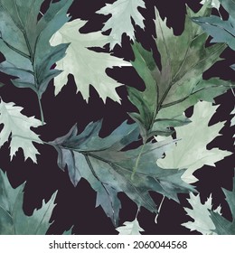 Green Oak Leaves Watercolor On Black Background Seamless Pattern For All Prints.