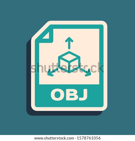 Green OBJ file document. Download obj button icon isolated on blue background. OBJ file symbol. Long shadow style. 