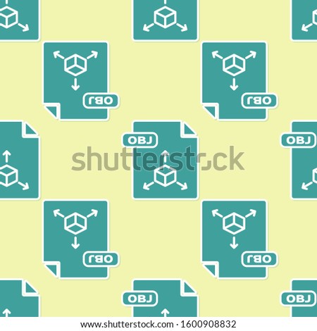 Green OBJ file document. Download obj button icon isolated seamless pattern on yellow background. OBJ file symbol.  