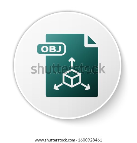 Green OBJ file document. Download obj button icon isolated on white background. OBJ file symbol. White circle button. 