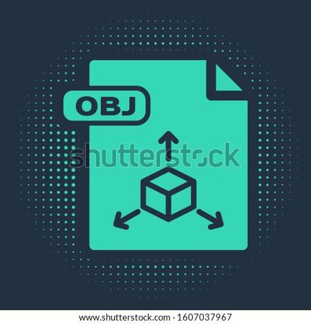 Green OBJ file document. Download obj button icon isolated on blue background. OBJ file symbol. Abstract circle random dots. 