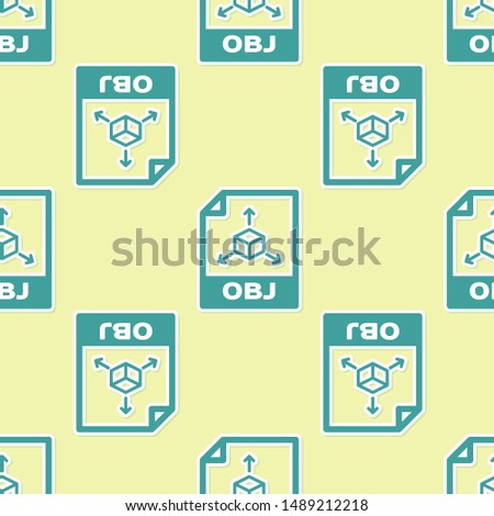 Green OBJ file document icon. Download obj button icon isolated seamless pattern on yellow background. OBJ file symbol