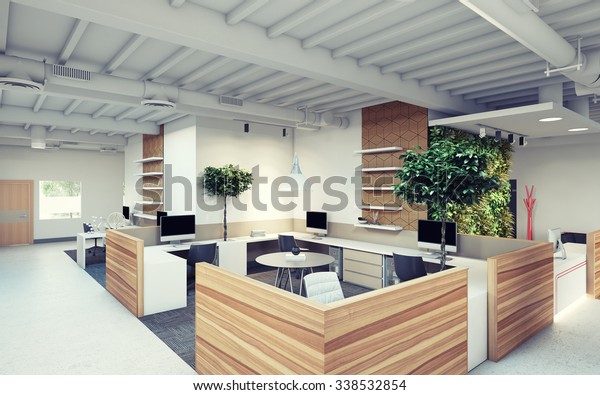 green\
office design with wood dividers 3d\
Rendering