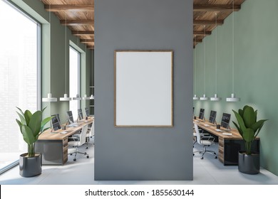 Green Office Room With Mockup Blank Canvas With Computers On Tables And White Armchairs. Open Space Business Room, Green Wall And And White Floor, 3D Rendering No People