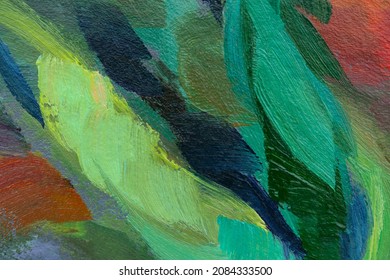 Green oil abstract background  Multicolored brush strokes close  up  Picturesque foliage texture  Modern design  Handmade canvas  Blue  pink  gray  yellow shades  Artistic spring background 