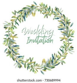 Green Olive Leaves With Branch Wreath Watercolor Frame On White Background