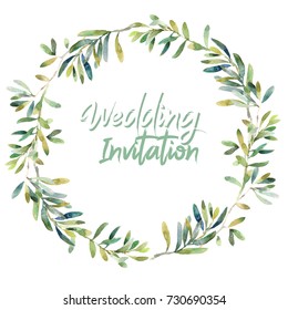 Green Olive Leaves With Branch Wreath Watercolor Garland Frame On White Background