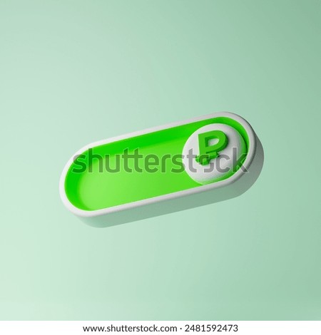 Green on toggle switch button with ruble sign isolated over lime green background. App slider concept. Mockup template. 3d rendering.