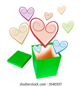 green opened box and hearts over white background