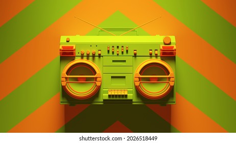 Green Orange Boombox Post-Punk Stereo with Green an Orange Chevron Background 3d illustration render