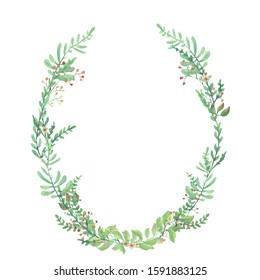 Green Oval Wreath. Watercolor Illustration. 