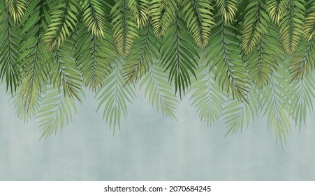 Green Palm Leaves Hanging From Above On A Textured Wall On A Gray Background. Mural, Wallpaper For Interior Decor