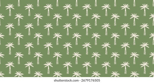 Green palm tree pattern background. Hand drawn tropical palm tree pattern. Green coconut tree seamless pattern. Seamless patterns with palm trees.
