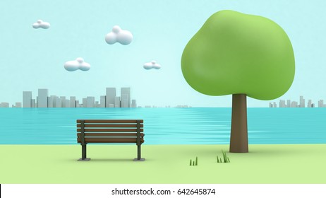 Green Parks River Side Chair,trees,city Cartoon Style Low Poly 3d Rendering