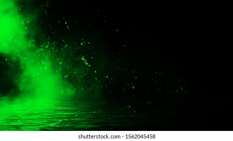 Green particles embers with reflection in water. Design texture for banner,flyer,card and poster . - Powered by Shutterstock