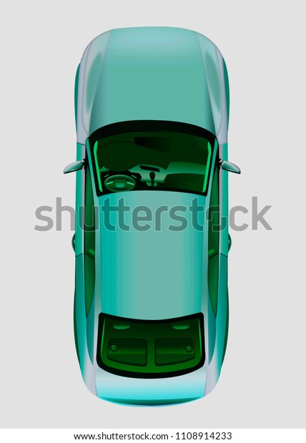 Green passenger car top view on white background.\
Isolated green\
car.