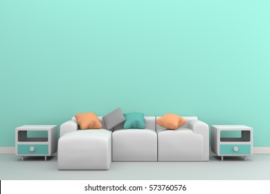 green pastel wall with sofa & sideboard on white floor-interior - Powered by Shutterstock