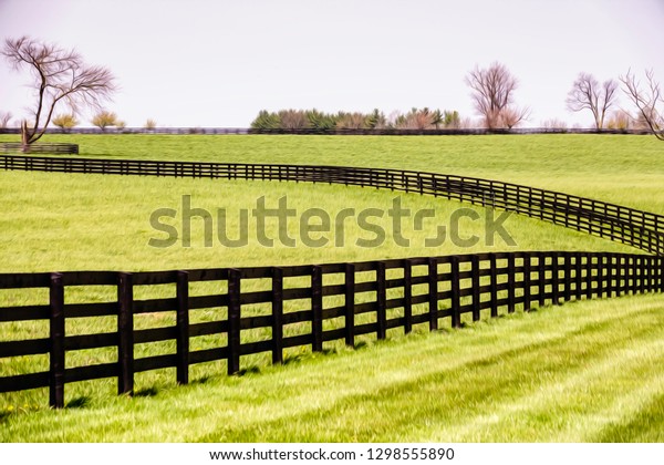 Green pastures with black equine fences on an\
overcast spring day in Kentucky bluegrass country, with digital\
oil-painting\
effect
