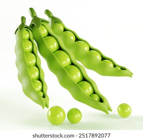 Green peas 3d render icon. Realistic ripe open pods with sweet seeds isolated on white background. Organic vegetable farming, fresh bean harvest. Natural vegan product, healthy food. 3D Illustration - Powered by Shutterstock