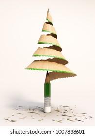 Green Pencil Shaving To Pine Tree. 3d Render