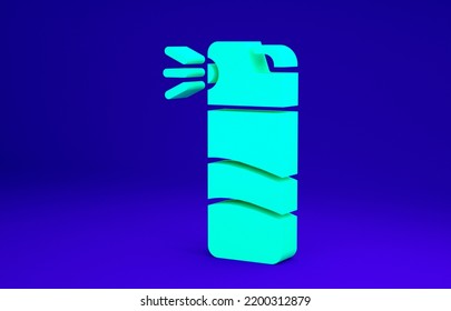 Green Pepper Spray Icon Isolated On Blue Background. OC Gas. Capsicum Self Defense Aerosol. Minimalism Concept. 3d Illustration 3D Render.