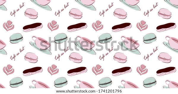 Green and pink pastel seamless pattern, with french café elements