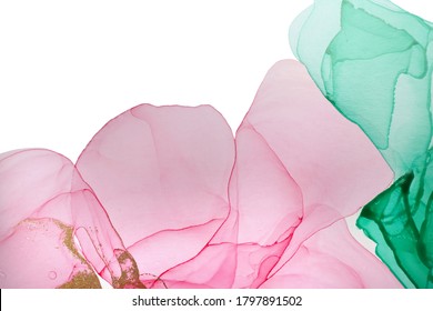 Green And Pink Pattern Isolated On White Background. Transparent Watercolor Texture. Pink, Green And Gold Drops Illustration.