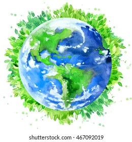  Green Planet Earth Watercolor Illustration. 