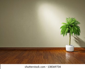 A  green plant near the plastered wall